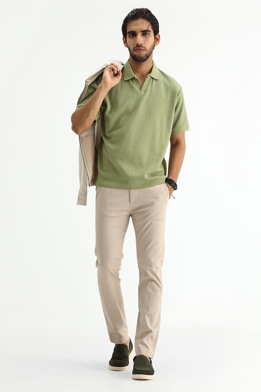 BASICS REGULAR FIT SAGE GREEN COTTON JOHNNY POLO T-SHIRT