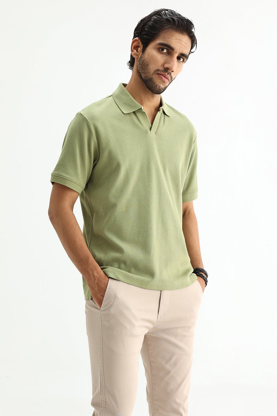 BASICS REGULAR FIT SAGE GREEN COTTON JOHNNY POLO T-SHIRT