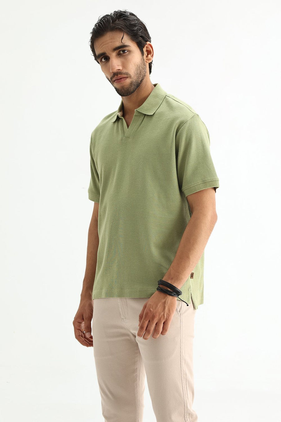 BASICS REGULAR FIT SAGE GREEN COTTON JOHNNY POLO T-SHIRT