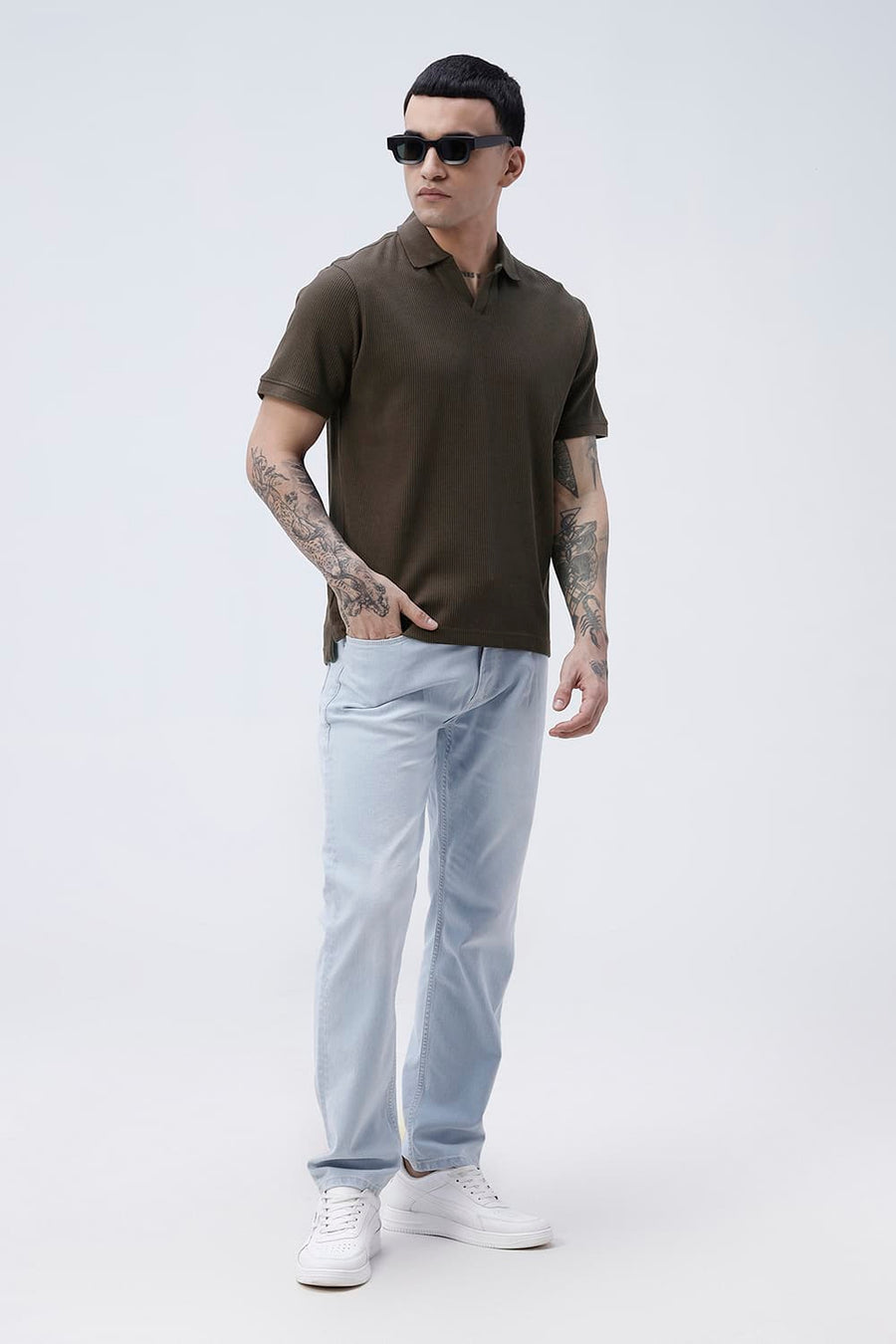 BASICS REGULAR FIT WERN COTTON JOHNNY POLO T-SHIRT