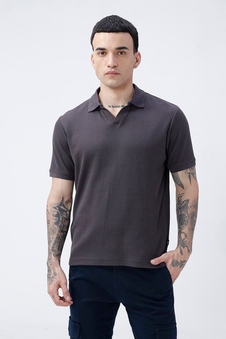 BASICS REGULAR FIT BLACK SEA COTTON JOHNNY POLO T-SHIRT