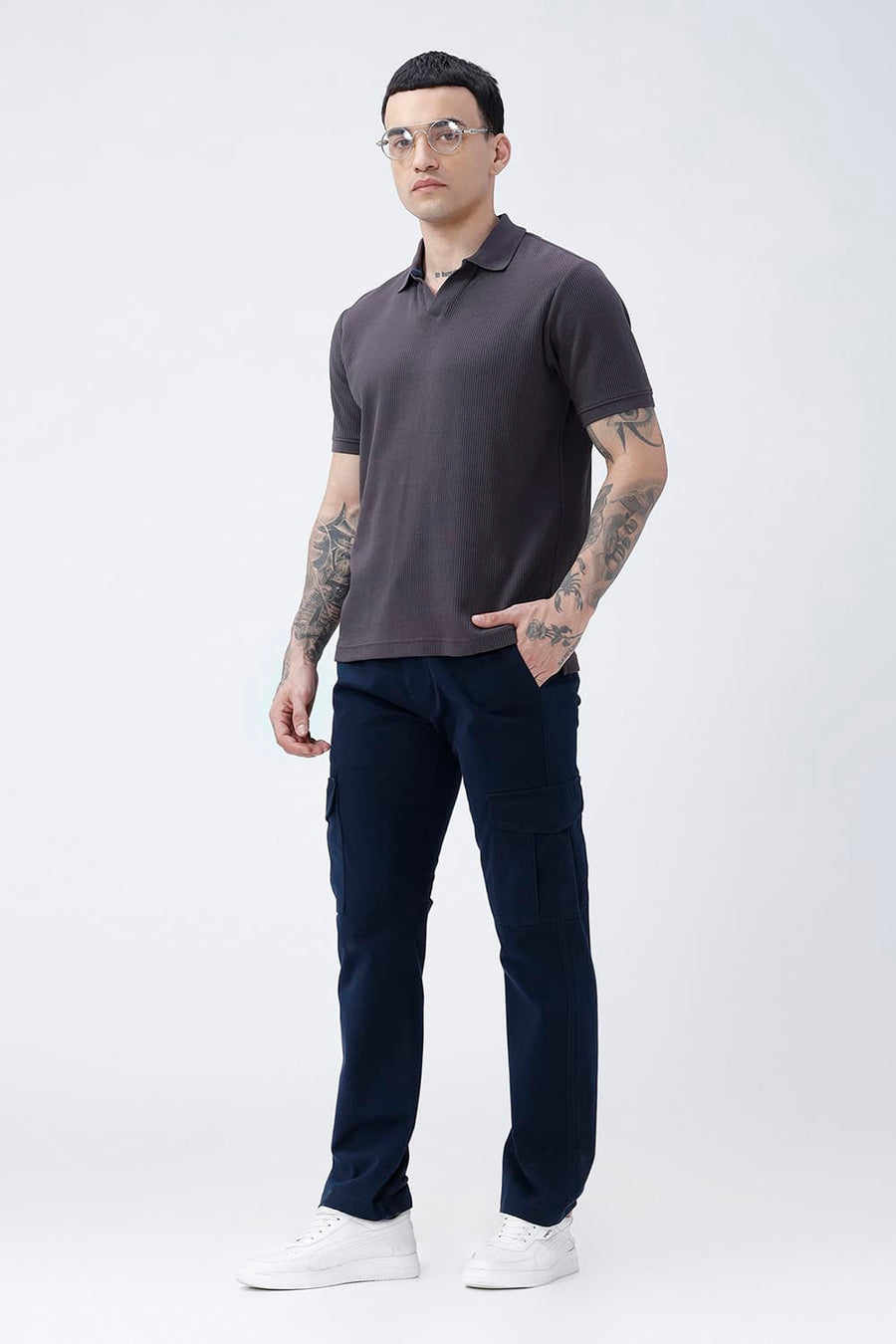BASICS REGULAR FIT BLACK SEA COTTON JOHNNY POLO T-SHIRT