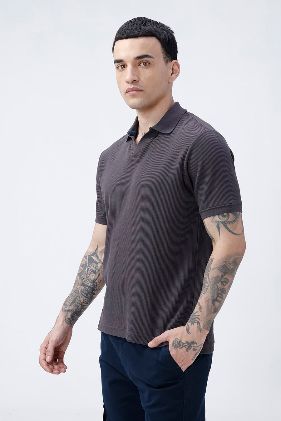 BASICS REGULAR FIT BLACK SEA COTTON JOHNNY POLO T-SHIRT