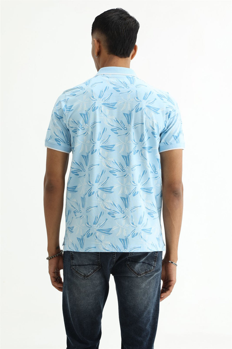 BASICS REGULAR FIT SUMMER BLUE COTTON STRETCH POLO T-SHIRT