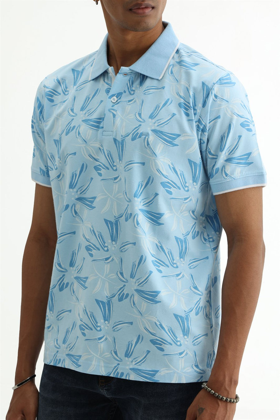 BASICS REGULAR FIT SUMMER BLUE COTTON STRETCH POLO T-SHIRT