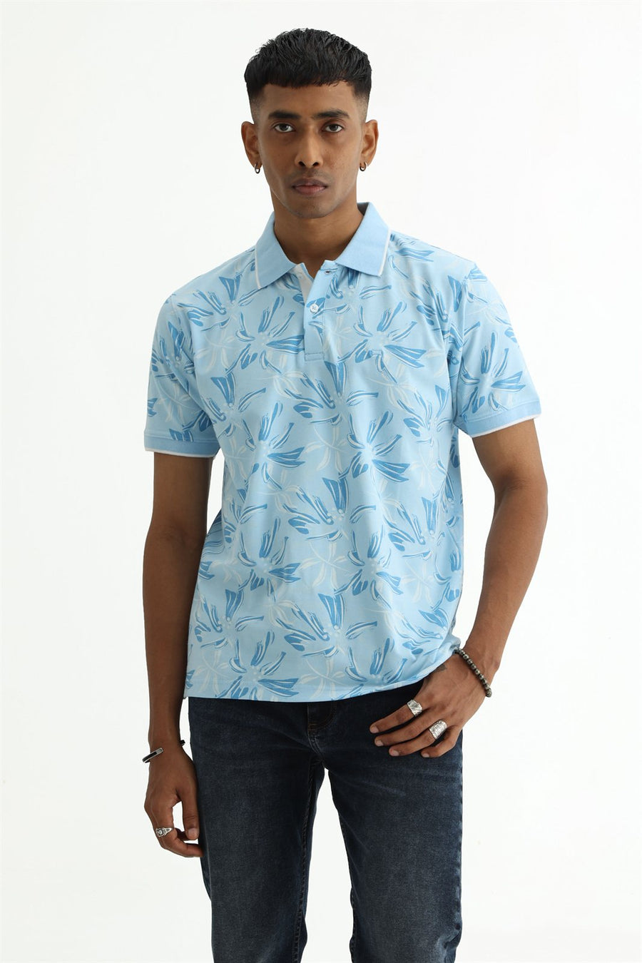 BASICS REGULAR FIT SUMMER BLUE COTTON STRETCH POLO T-SHIRT