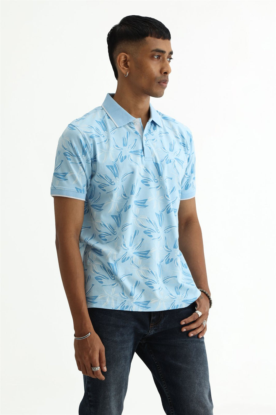 BASICS REGULAR FIT SUMMER BLUE COTTON STRETCH POLO T-SHIRT