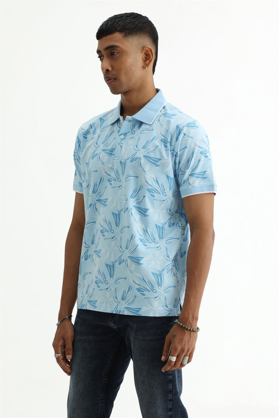 BASICS REGULAR FIT SUMMER BLUE COTTON STRETCH POLO T-SHIRT