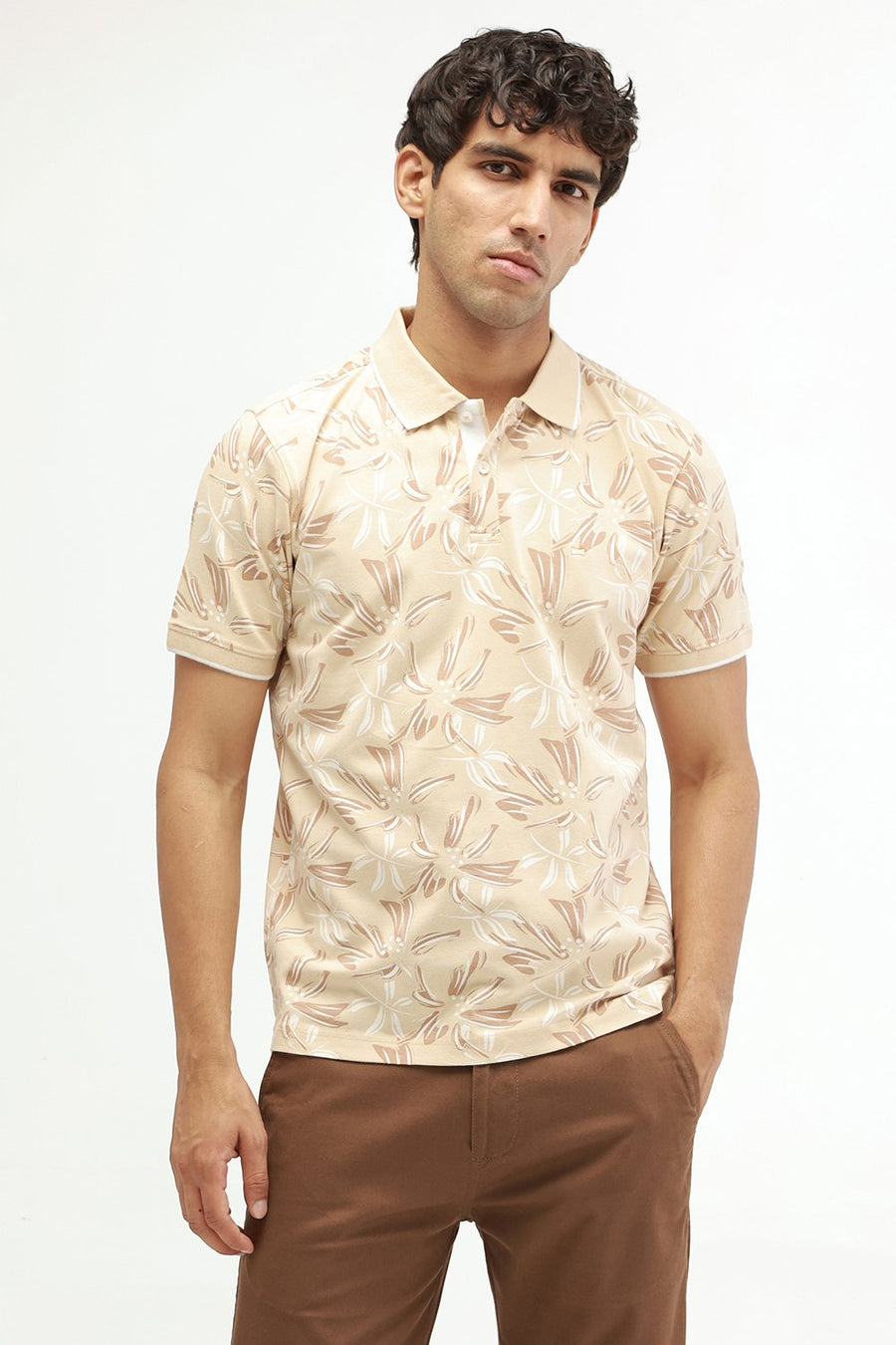 BASICS REGULAR FIT MACADAMIA COTTON STRETCH POLO T-SHIRT
