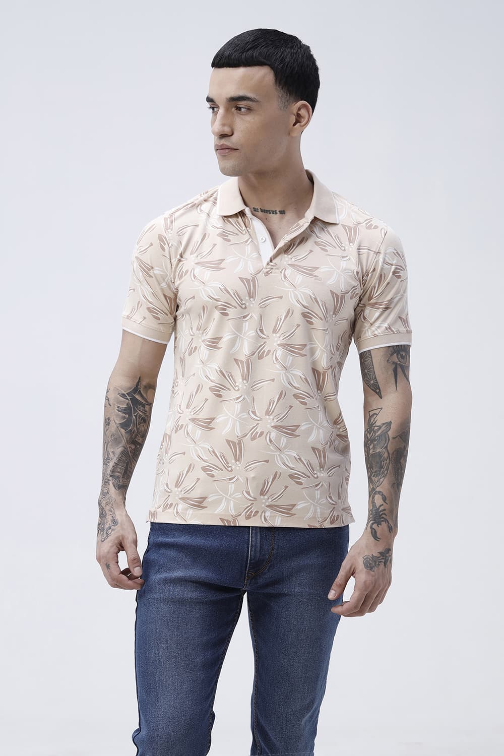 BASICS REGULAR FIT MACADAMIA COTTON STRETCH POLO T-SHIRT