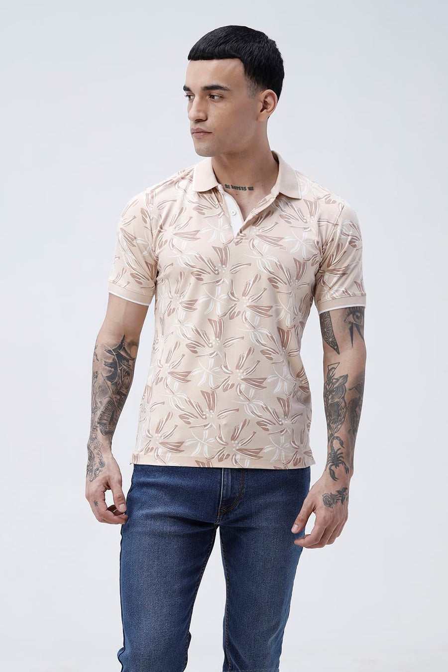BASICS REGULAR FIT MACADAMIA COTTON STRETCH POLO T-SHIRT