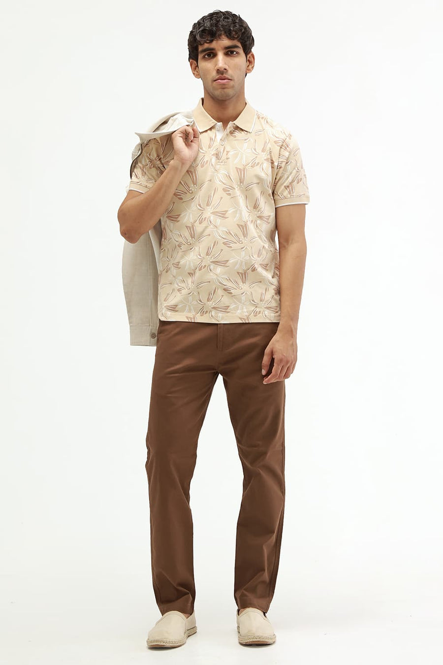 BASICS REGULAR FIT MACADAMIA COTTON STRETCH POLO T-SHIRT