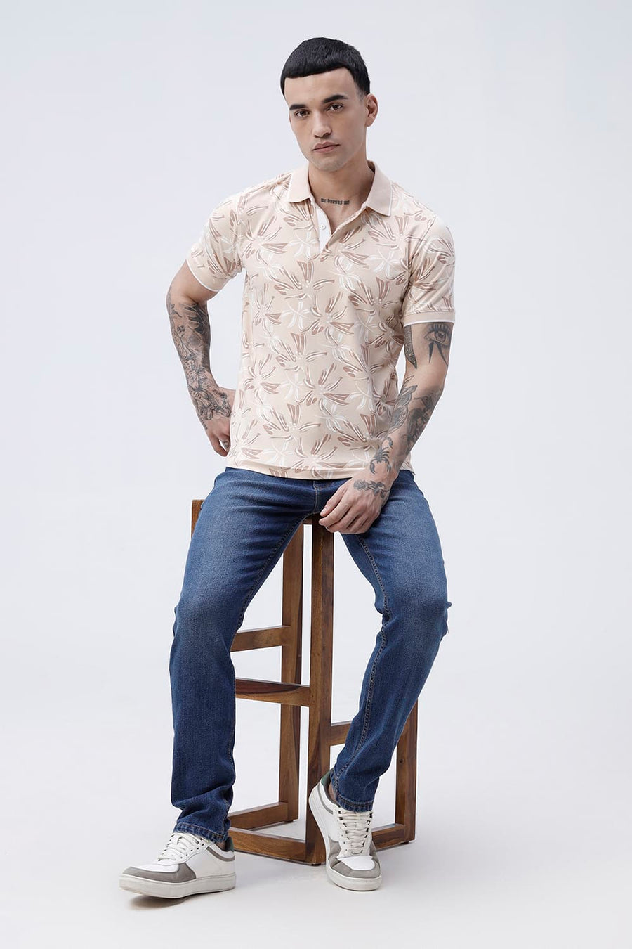 BASICS REGULAR FIT MACADAMIA COTTON STRETCH POLO T-SHIRT