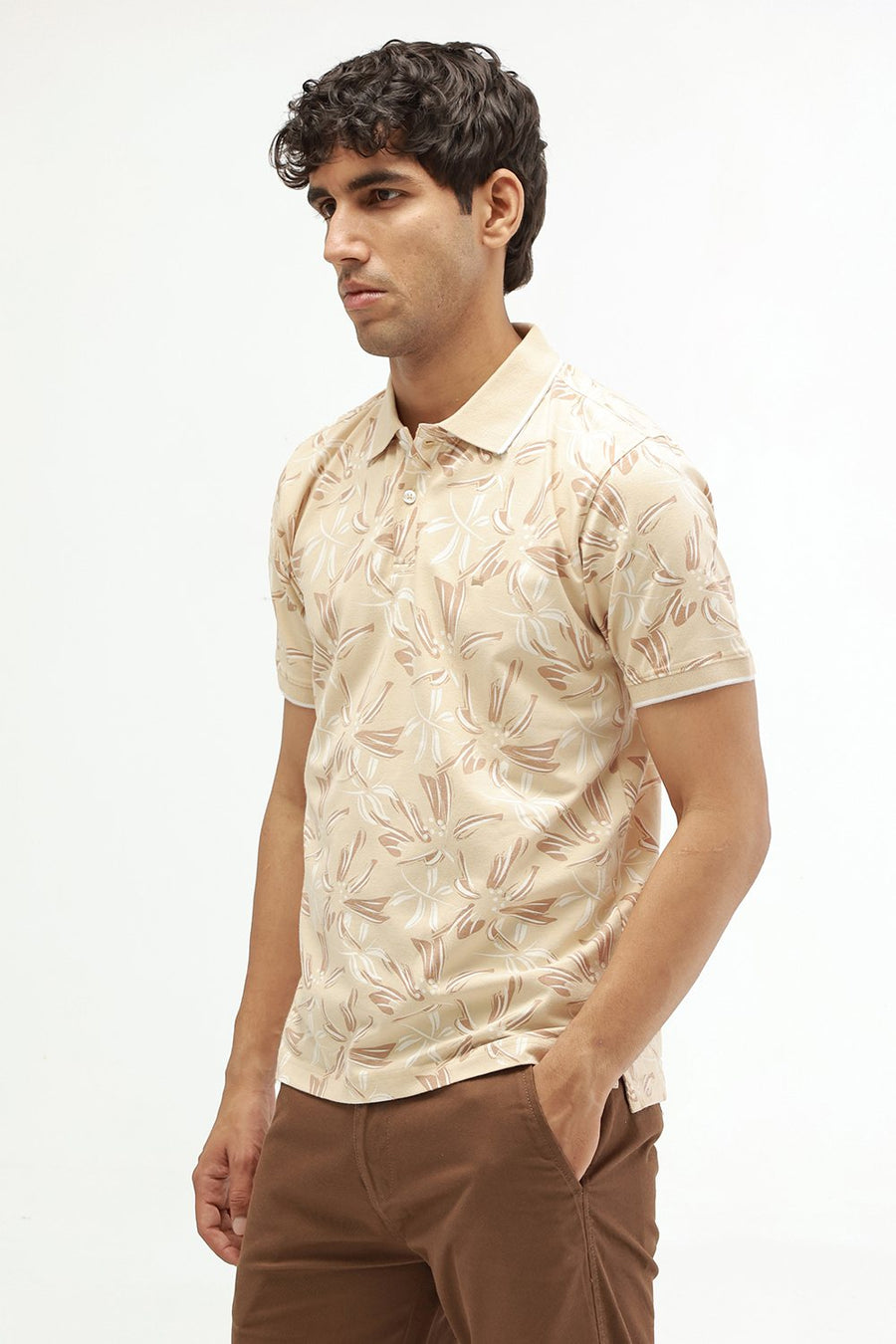 BASICS REGULAR FIT MACADAMIA COTTON STRETCH POLO T-SHIRT