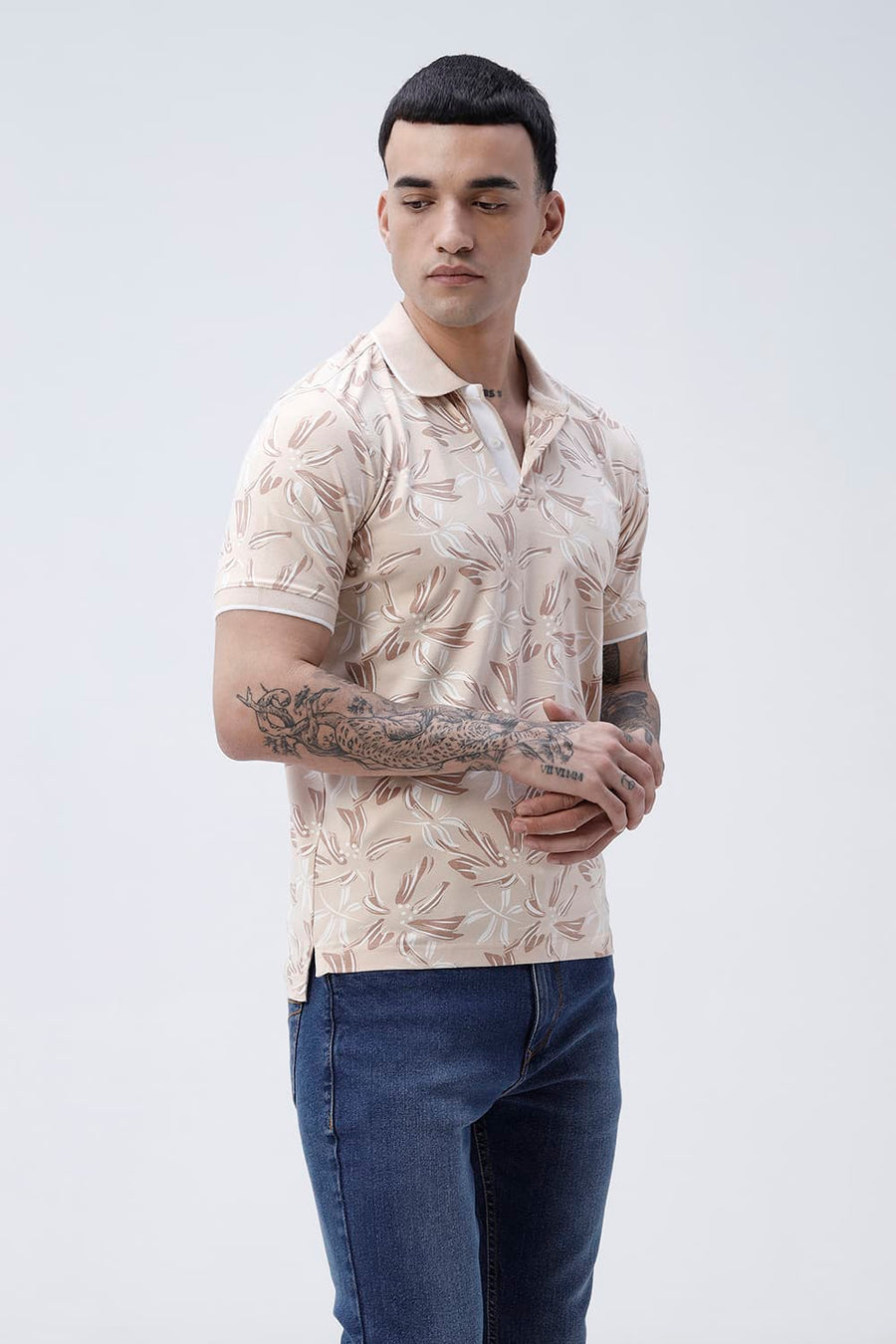 BASICS REGULAR FIT MACADAMIA COTTON STRETCH POLO T-SHIRT