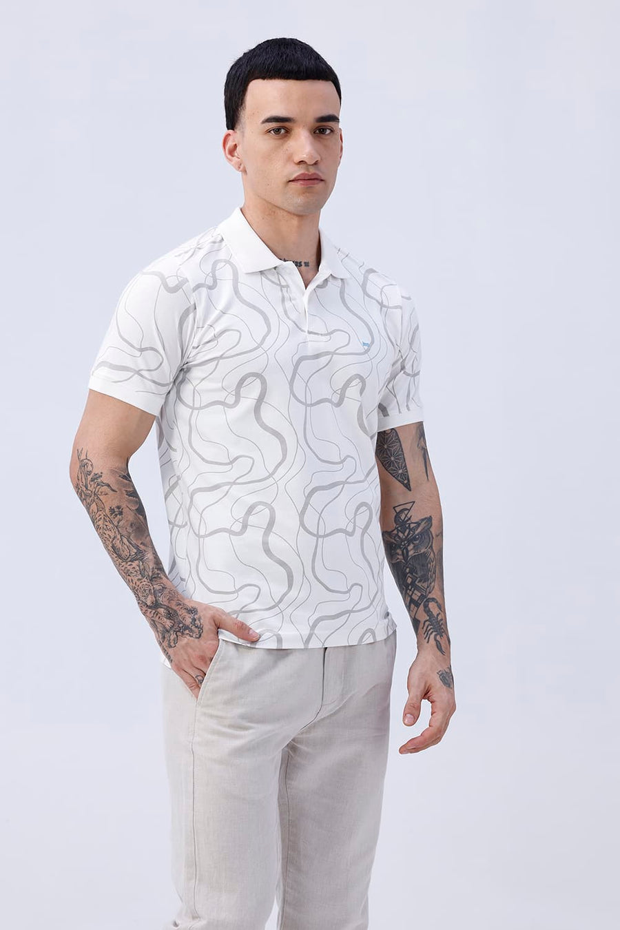 BASICS REGULAR FIT BRIGHT WHITE COTTON STRETCH POLO T-SHIRT
