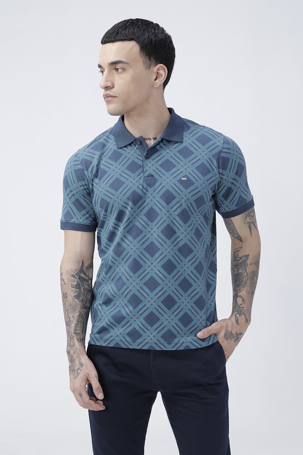 BASICS REGULAR FIT TURQUOISE SEA COTTON STRETCH POLO T-SHIRT