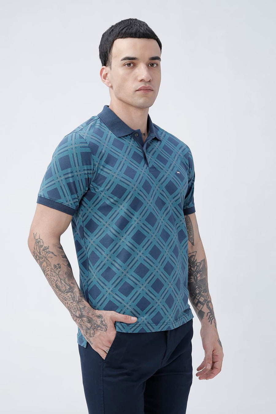 BASICS REGULAR FIT TURQUOISE SEA COTTON STRETCH POLO T-SHIRT