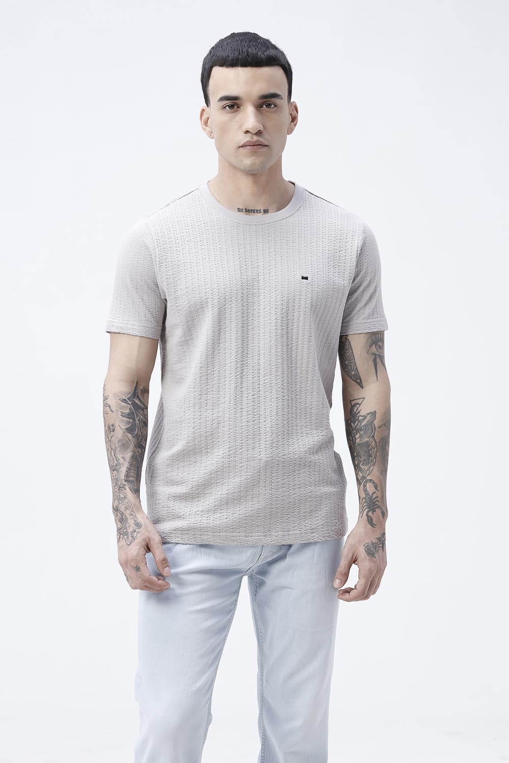 BASICS REGULAR FIT GRAY MORNING COTTON CREW T-SHIRT