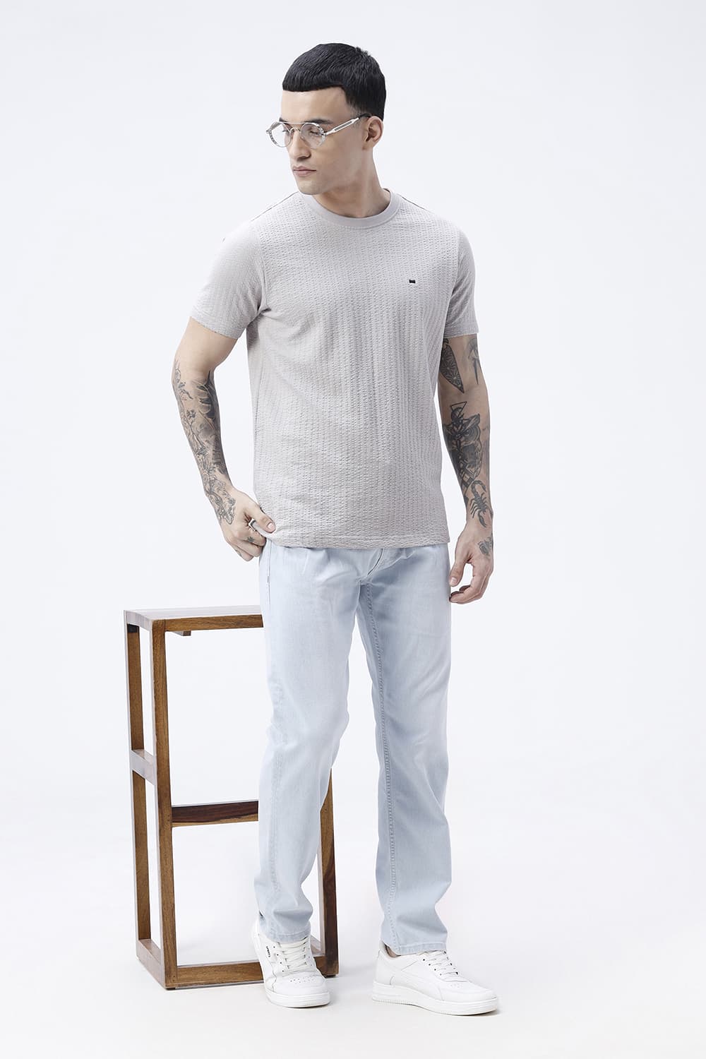 BASICS REGULAR FIT GRAY MORNING COTTON CREW T-SHIRT