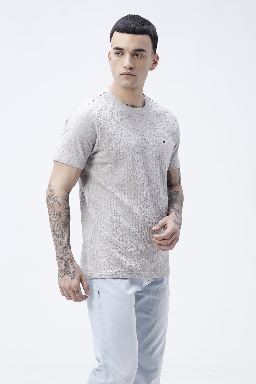 BASICS REGULAR FIT GRAY MORNING COTTON CREW T-SHIRT