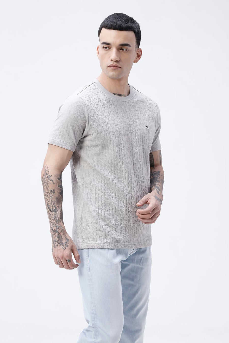 BASICS REGULAR FIT GRAY MORNING COTTON CREW T-SHIRT