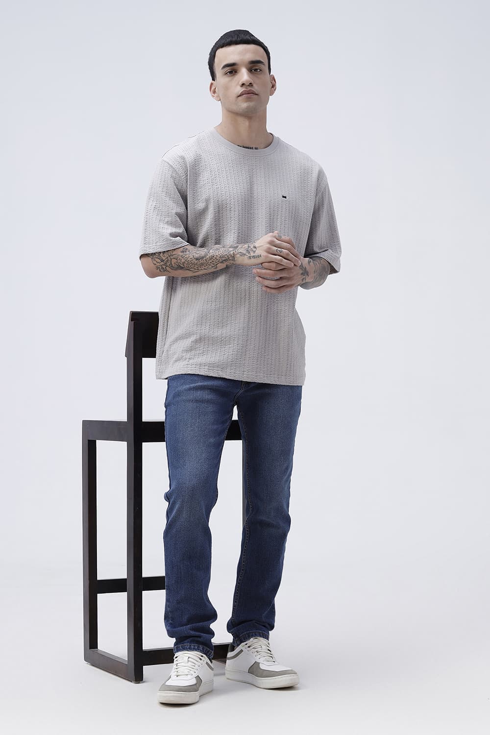 BASICS RELAXED FIT GRAY MORNING COTTON CREW T-SHIRT