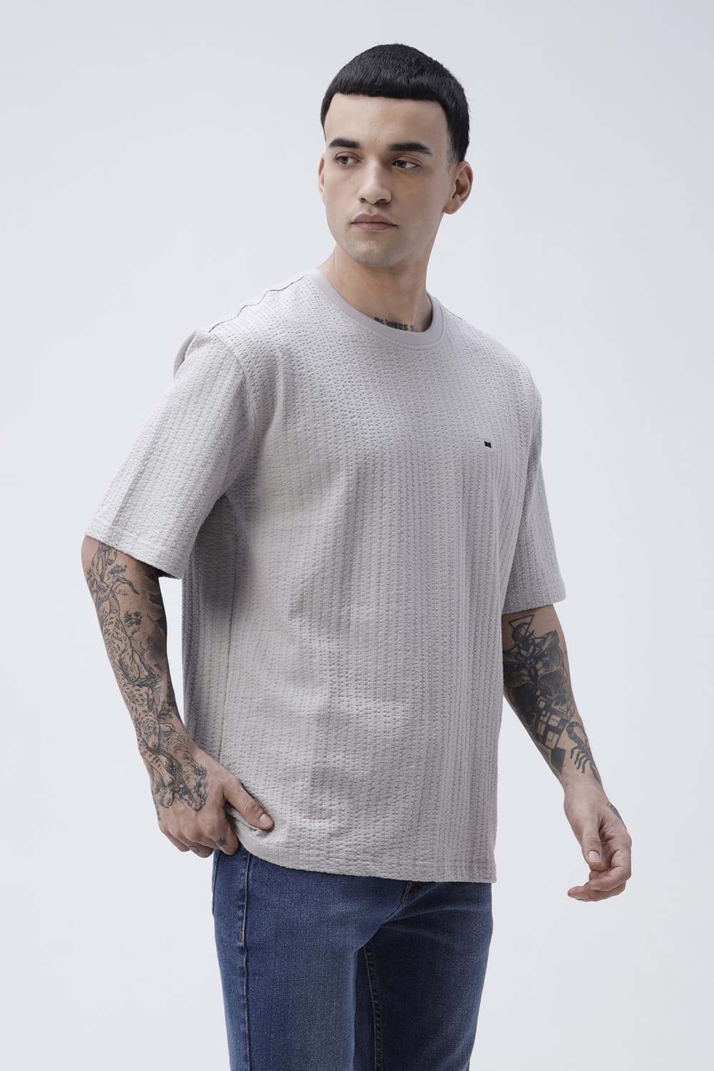 BASICS RELAXED FIT GRAY MORNING COTTON CREW T-SHIRT