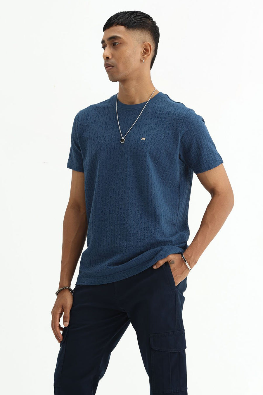 BASICS REGULAR FIT SAILOR BLUE COTTON CREW T-SHIRT