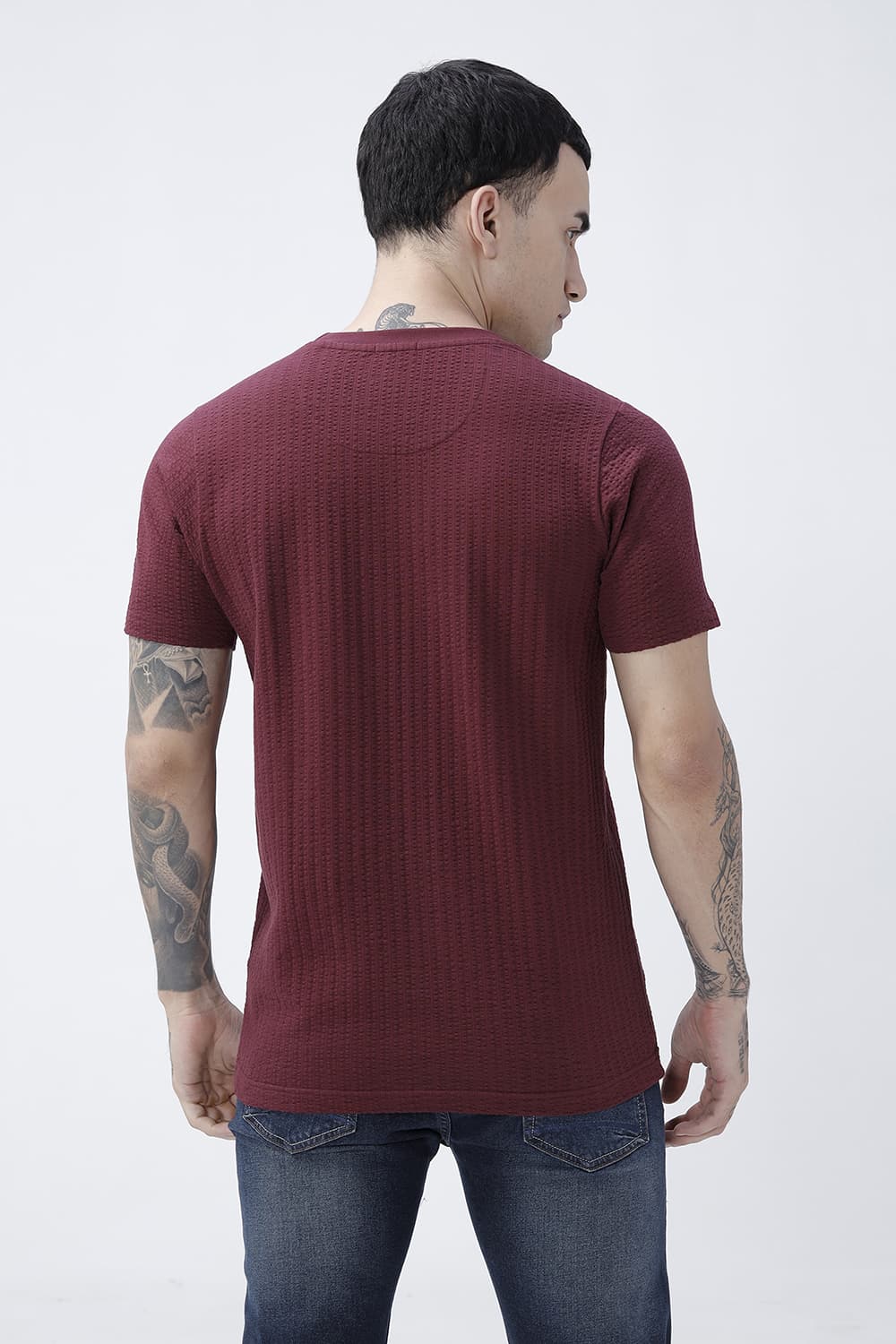 BASICS REGULAR FIT MAROON BANNER COTTON CREW T-SHIRT