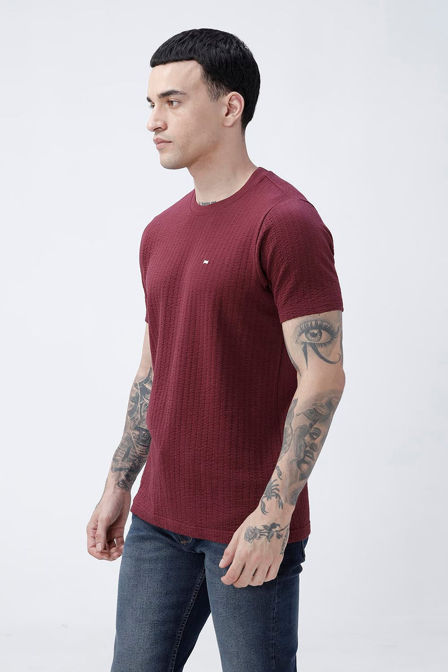 BASICS REGULAR FIT MAROON BANNER COTTON CREW T-SHIRT