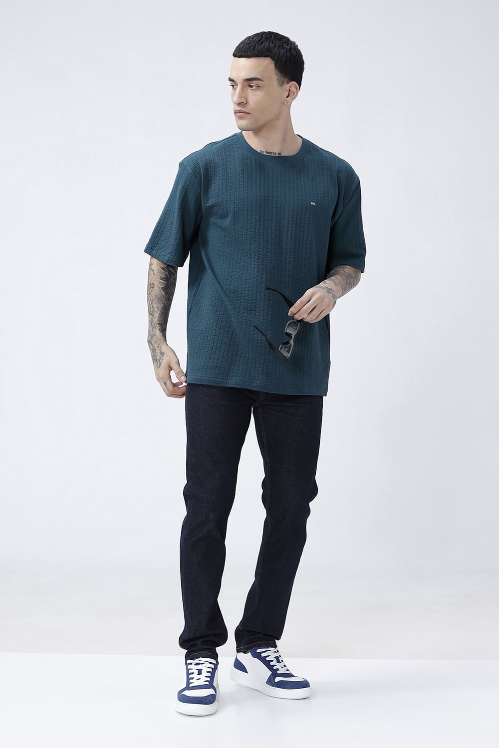 BASICS RELAXED FIT SAILOR BLUE COTTON CREW T-SHIRT