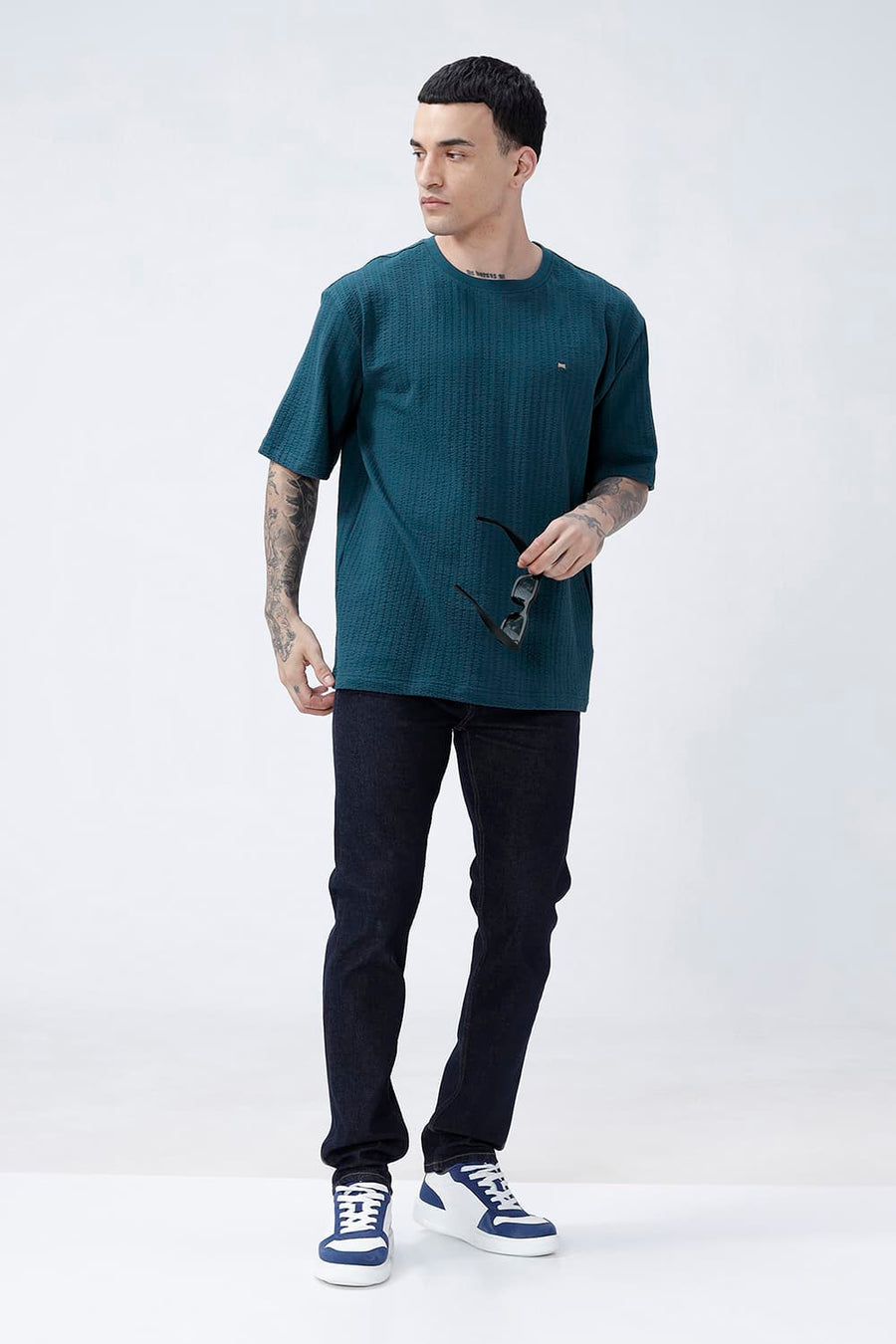BASICS RELAXED FIT SAILOR BLUE COTTON CREW T-SHIRT