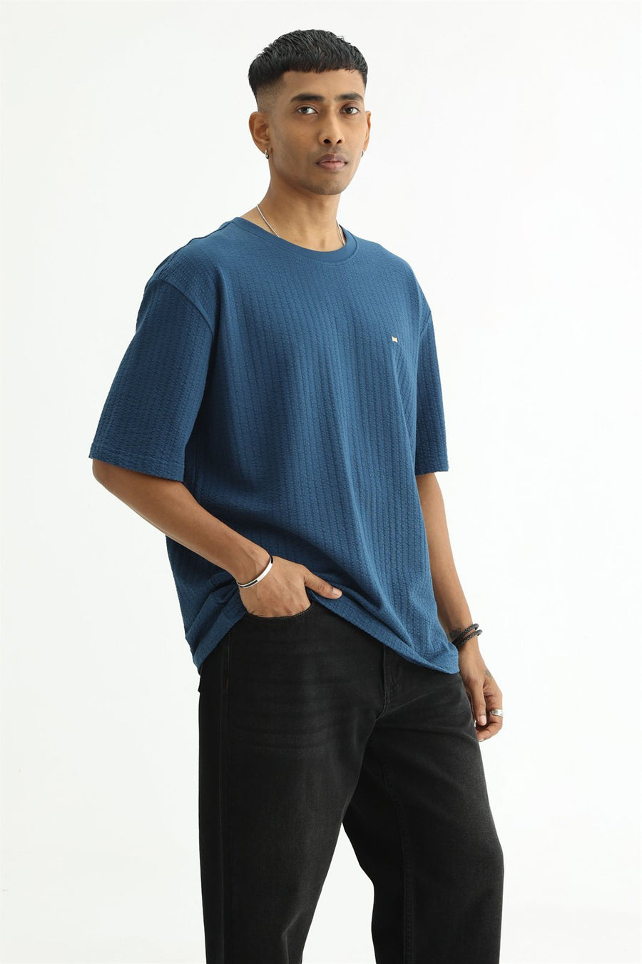 BASICS RELAXED FIT SAILOR BLUE COTTON CREW T-SHIRT