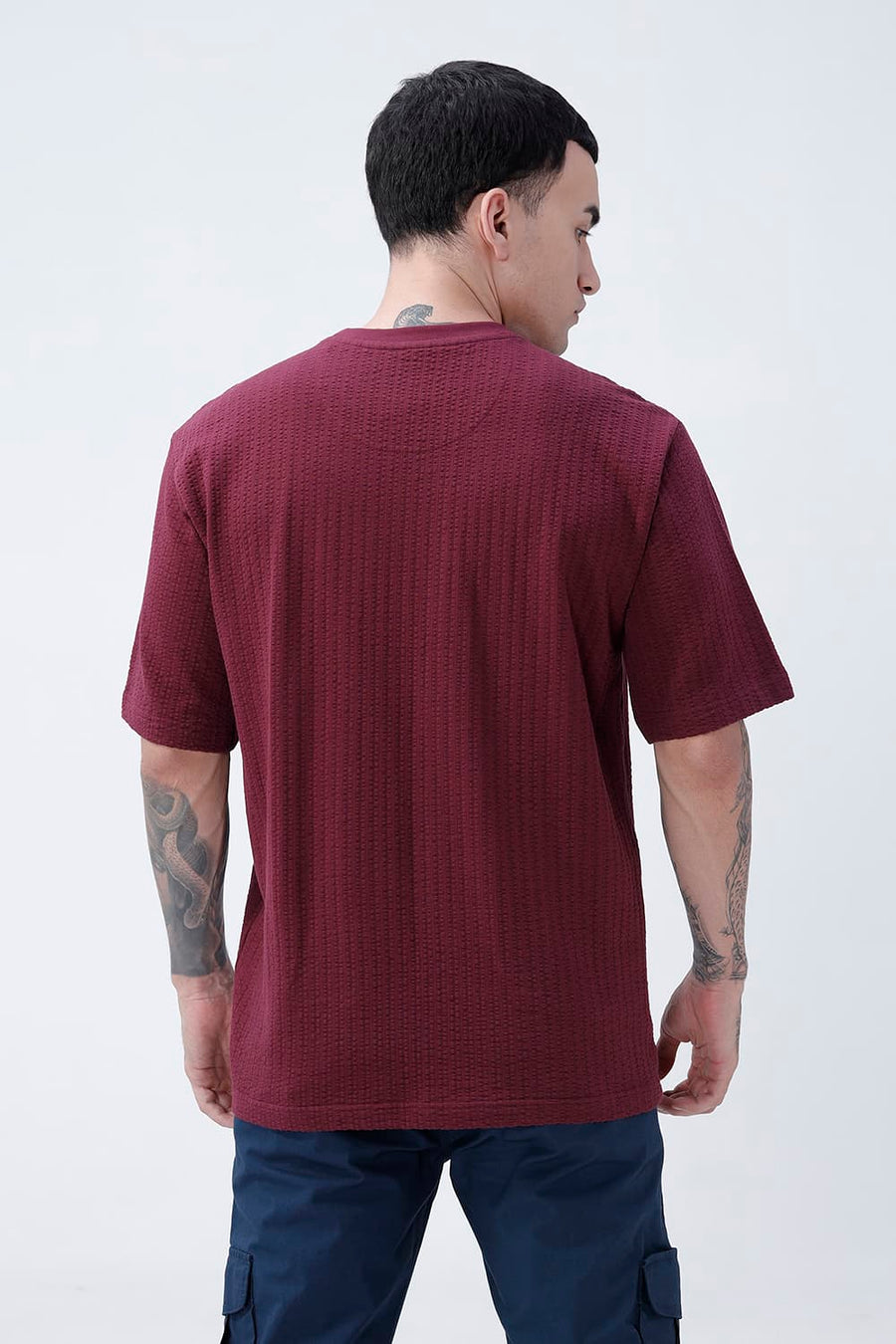 BASICS RELAXED FIT MAROON BANNER COTTON CREW T-SHIRT