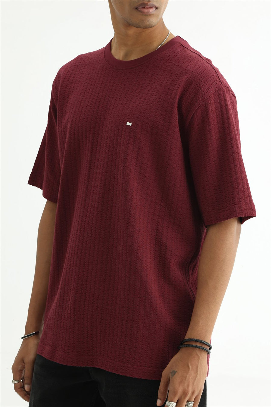 BASICS RELAXED FIT MAROON BANNER COTTON CREW T-SHIRT