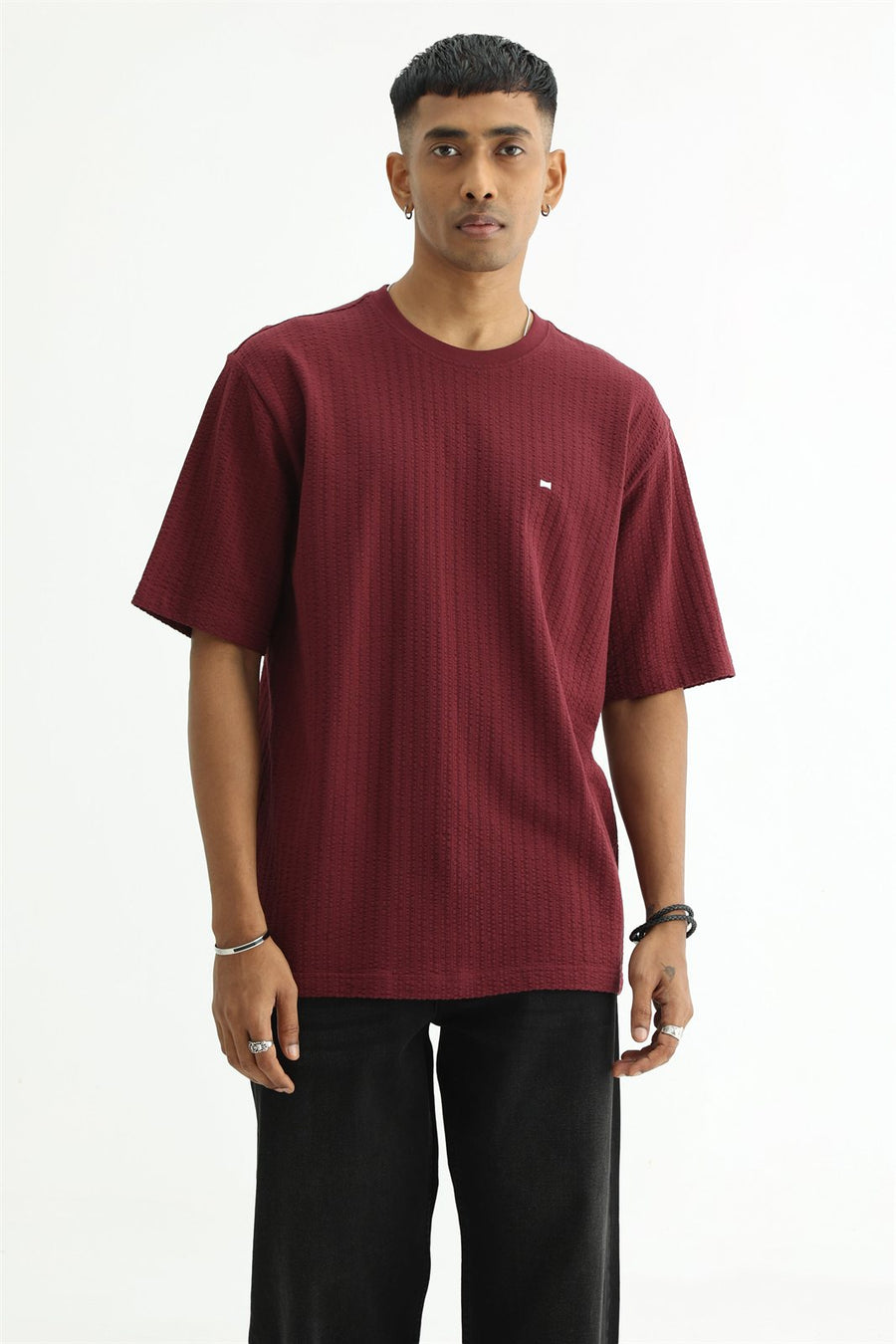 BASICS RELAXED FIT MAROON BANNER COTTON CREW T-SHIRT