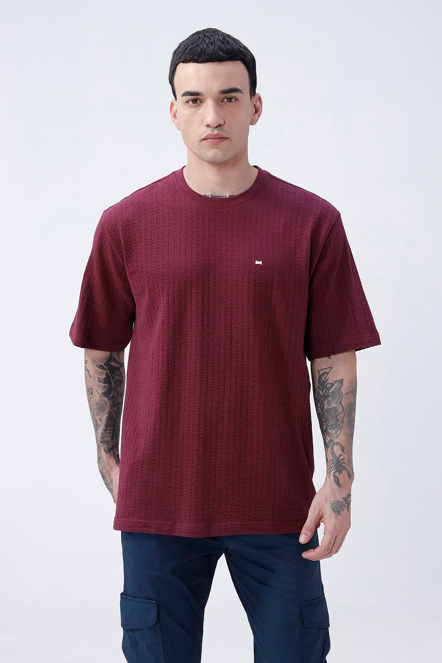 BASICS RELAXED FIT MAROON BANNER COTTON CREW T-SHIRT