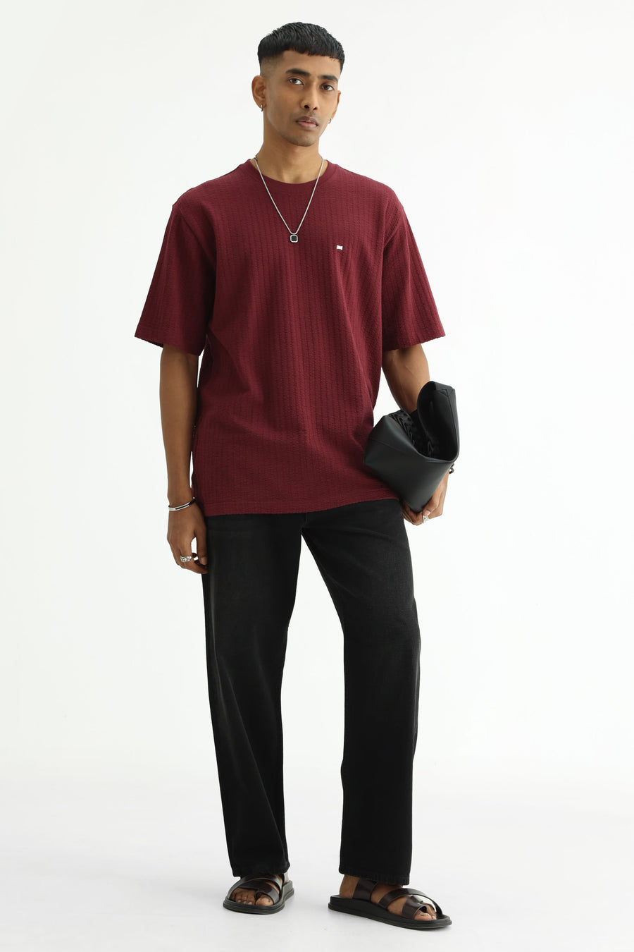 BASICS RELAXED FIT MAROON BANNER COTTON CREW T-SHIRT