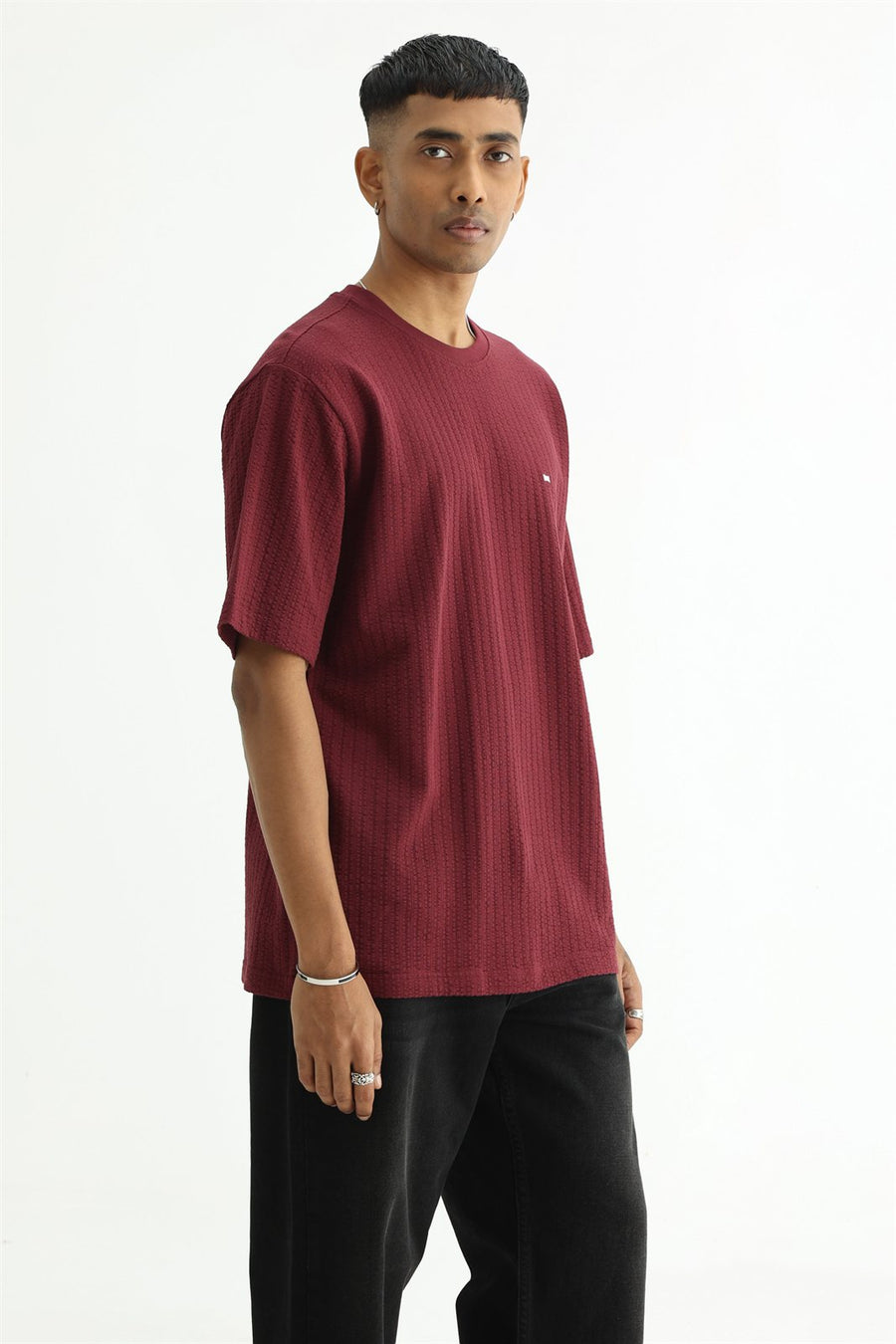 BASICS RELAXED FIT MAROON BANNER COTTON CREW T-SHIRT