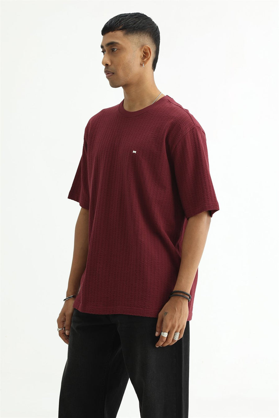 BASICS RELAXED FIT MAROON BANNER COTTON CREW T-SHIRT