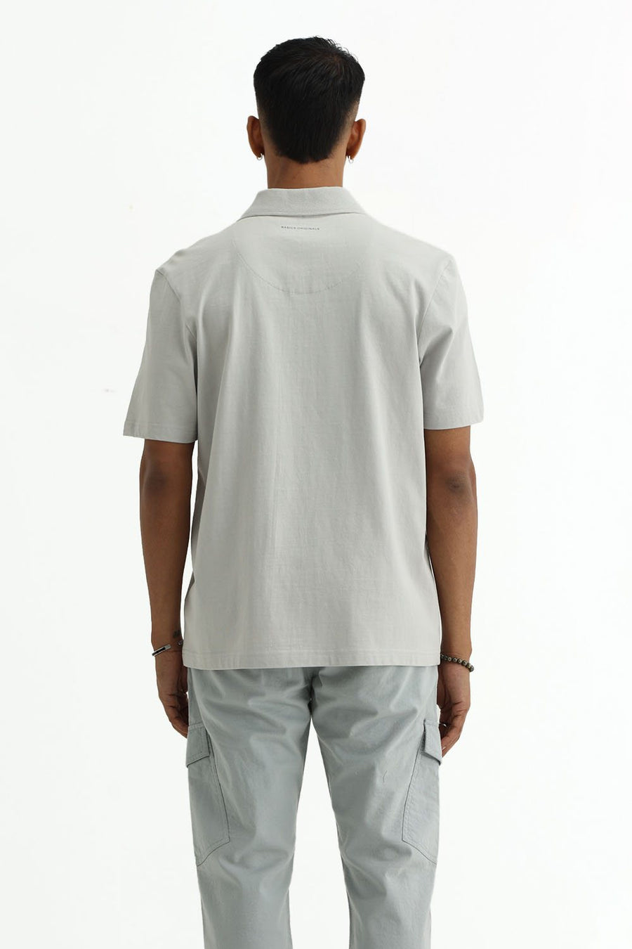 BASICS RELAXED FIT TRACING GRAY COTTON POLO T-SHIRT