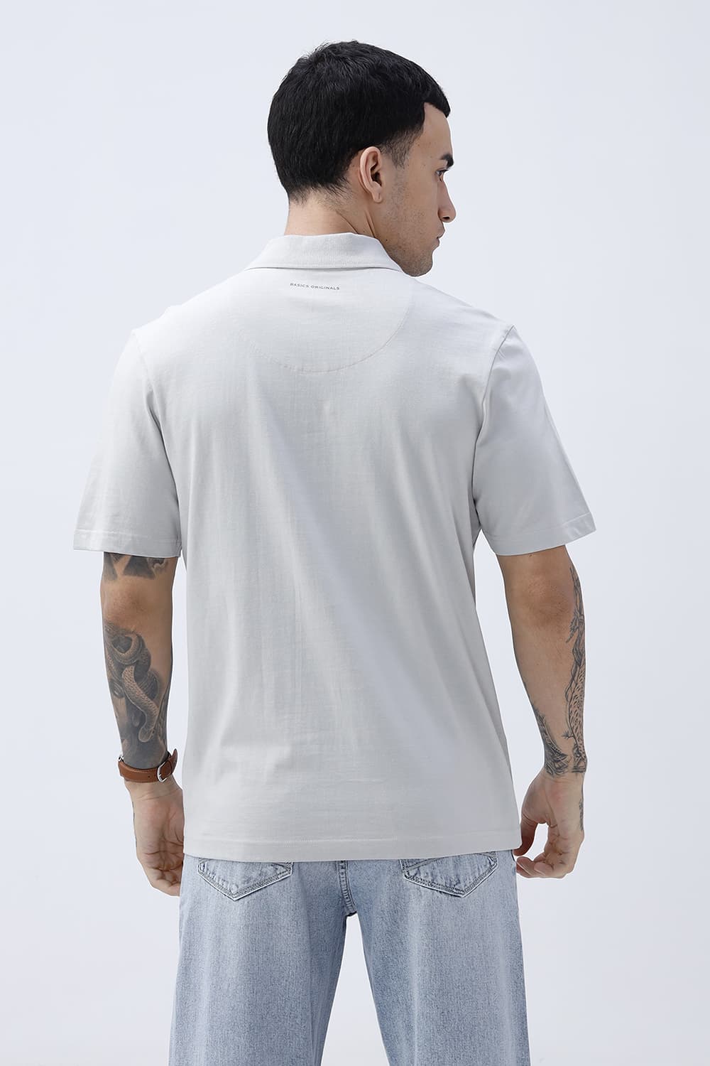 BASICS RELAXED FIT TRACING GRAY COTTON POLO T-SHIRT