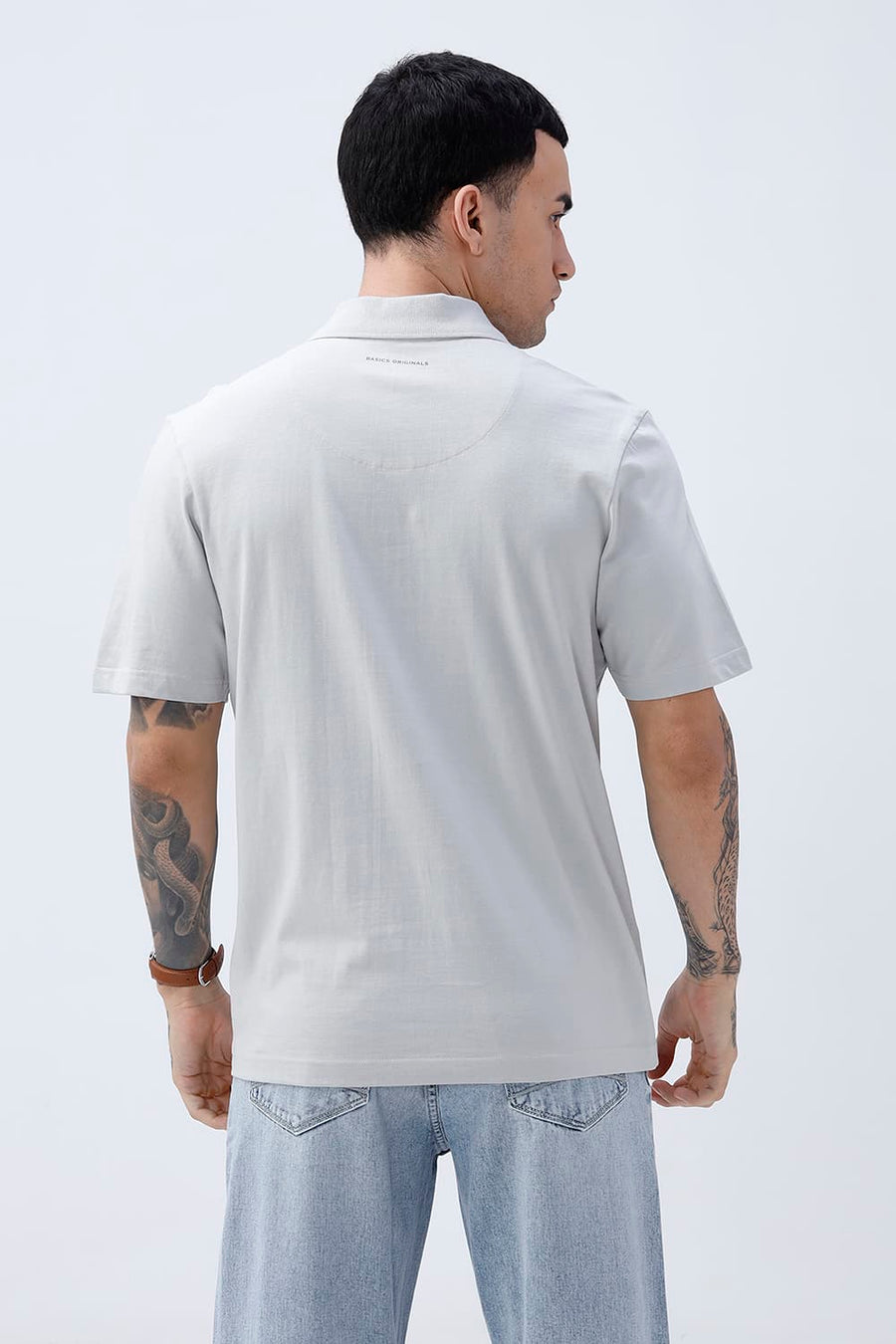 BASICS RELAXED FIT TRACING GRAY COTTON POLO T-SHIRT