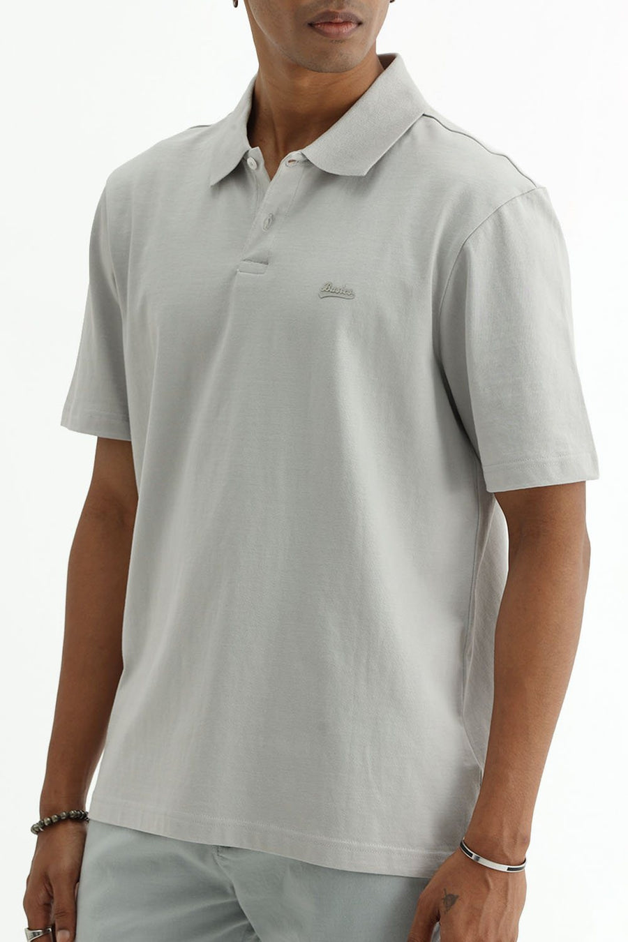 BASICS RELAXED FIT TRACING GRAY COTTON POLO T-SHIRT