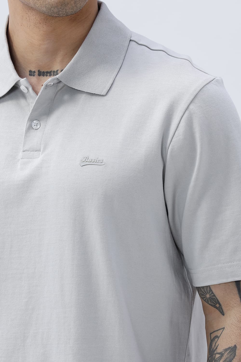 BASICS RELAXED FIT TRACING GRAY COTTON POLO T-SHIRT
