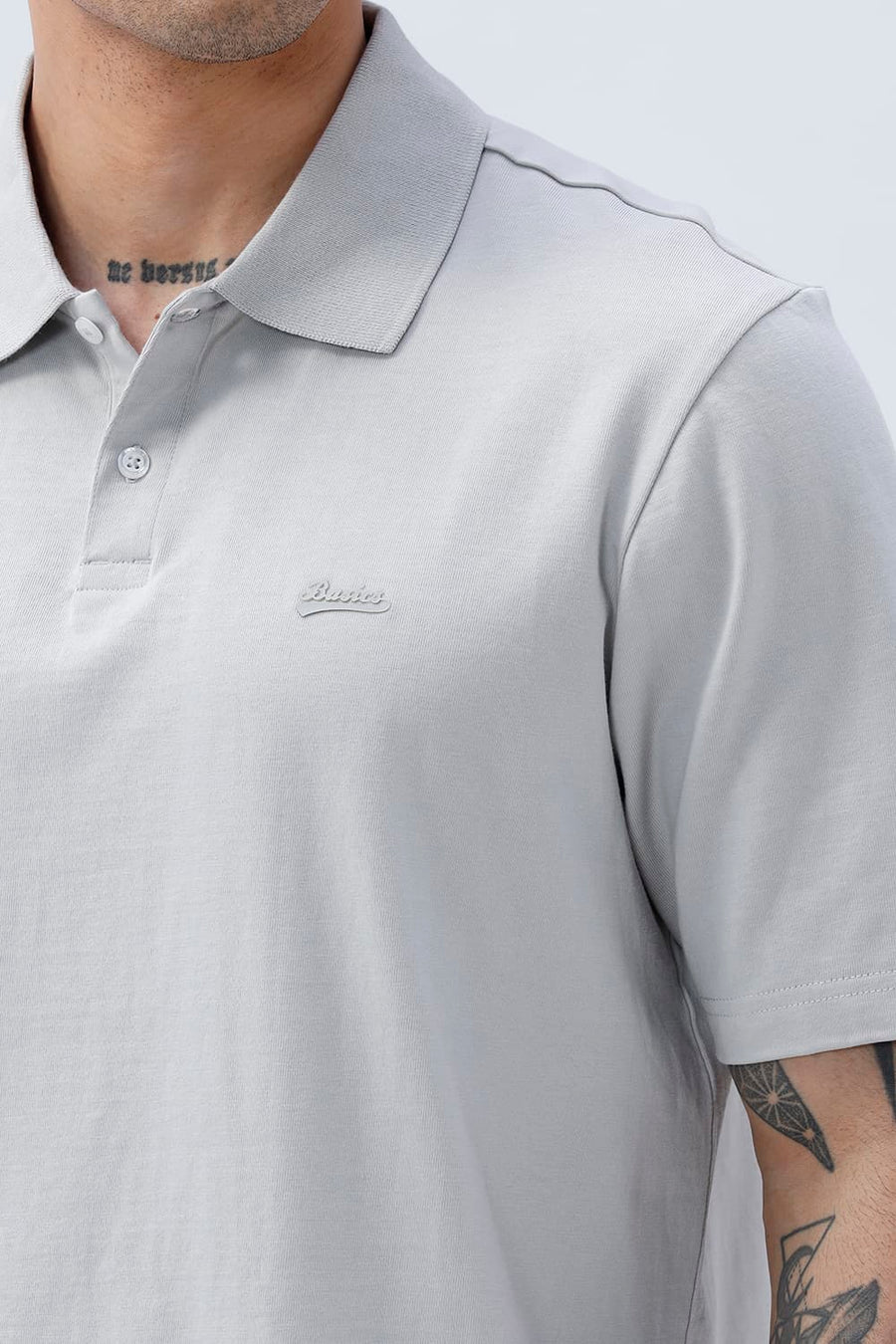 BASICS RELAXED FIT TRACING GRAY COTTON POLO T-SHIRT