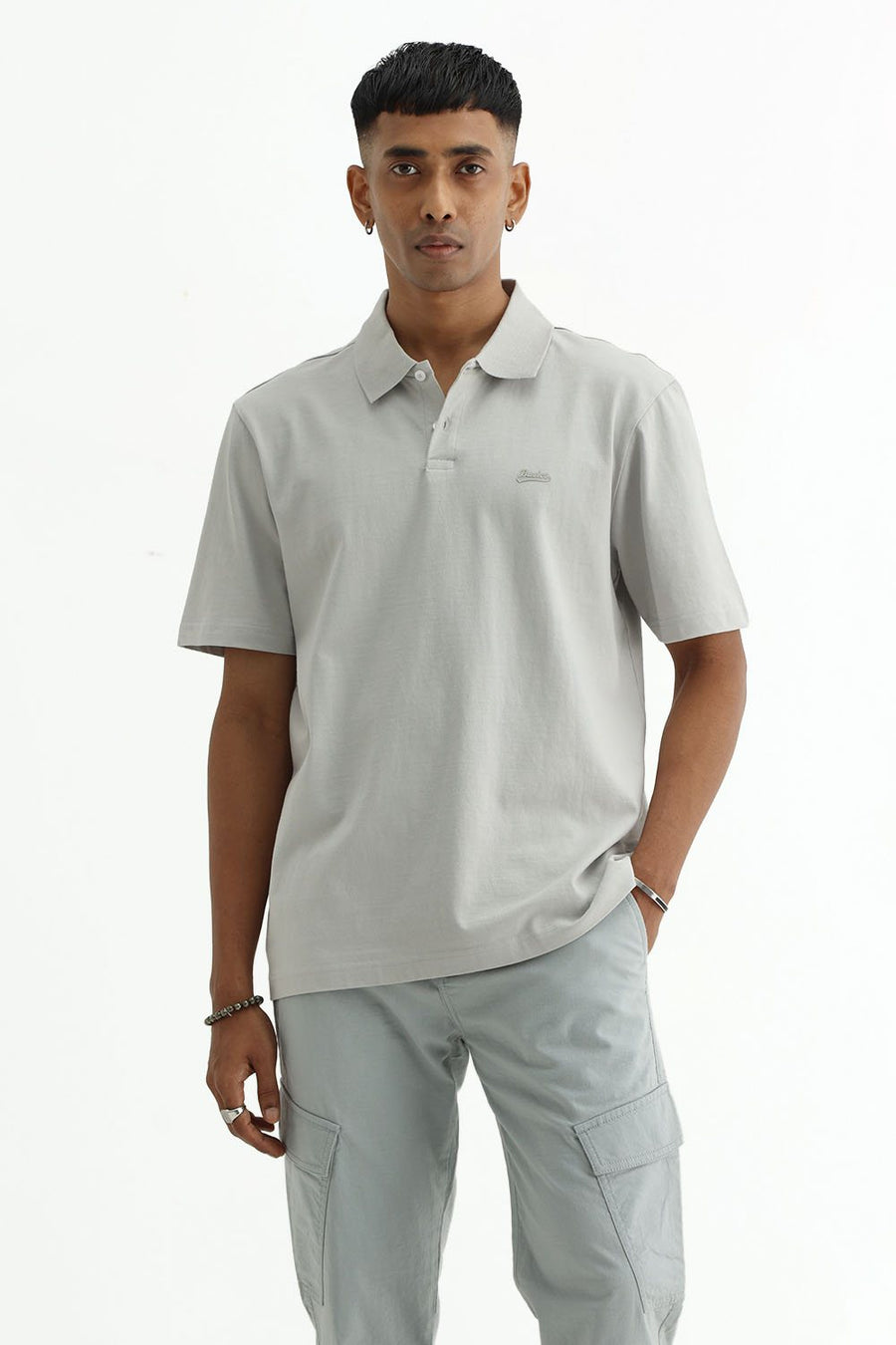 BASICS RELAXED FIT TRACING GRAY COTTON POLO T-SHIRT