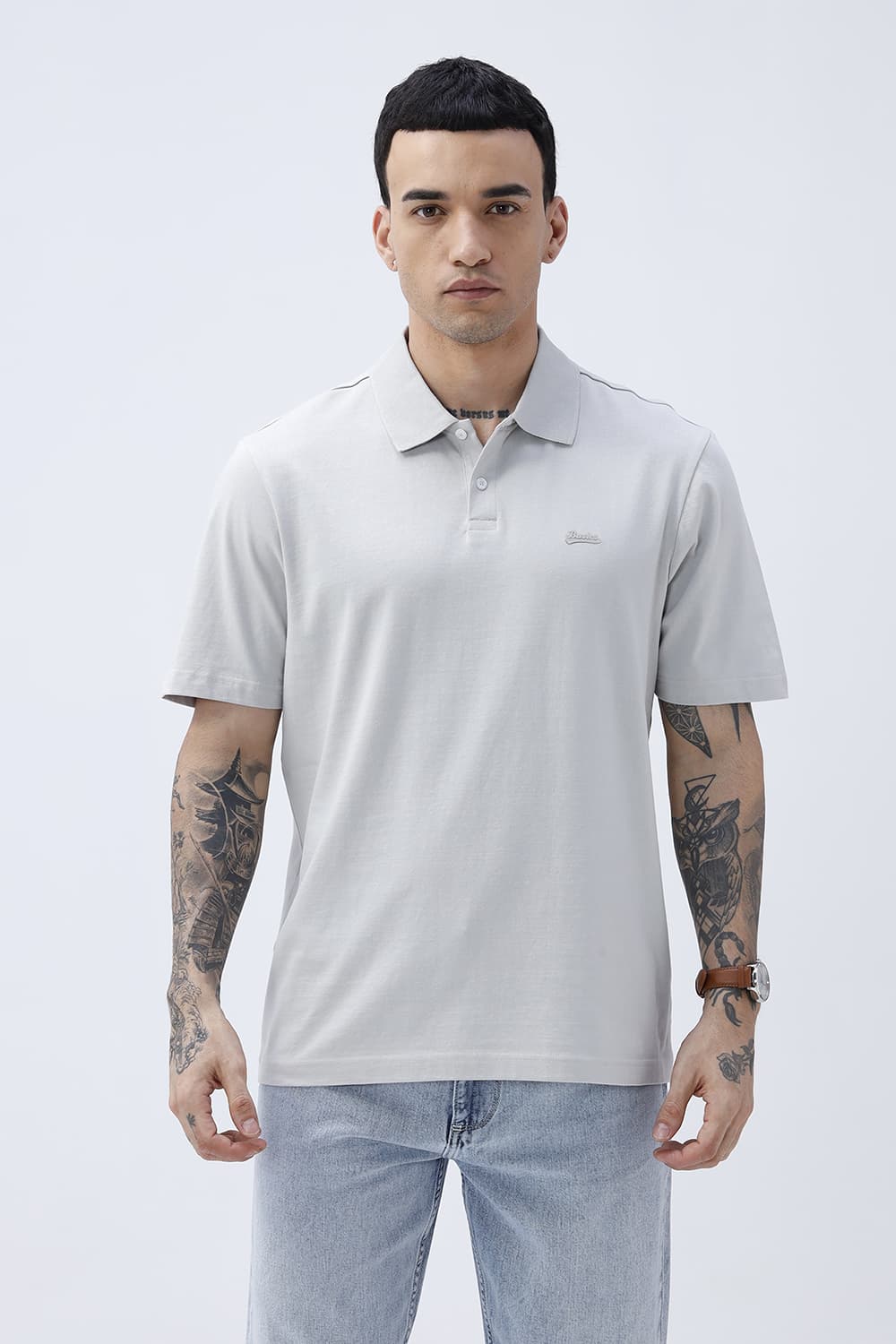 BASICS RELAXED FIT TRACING GRAY COTTON POLO T-SHIRT