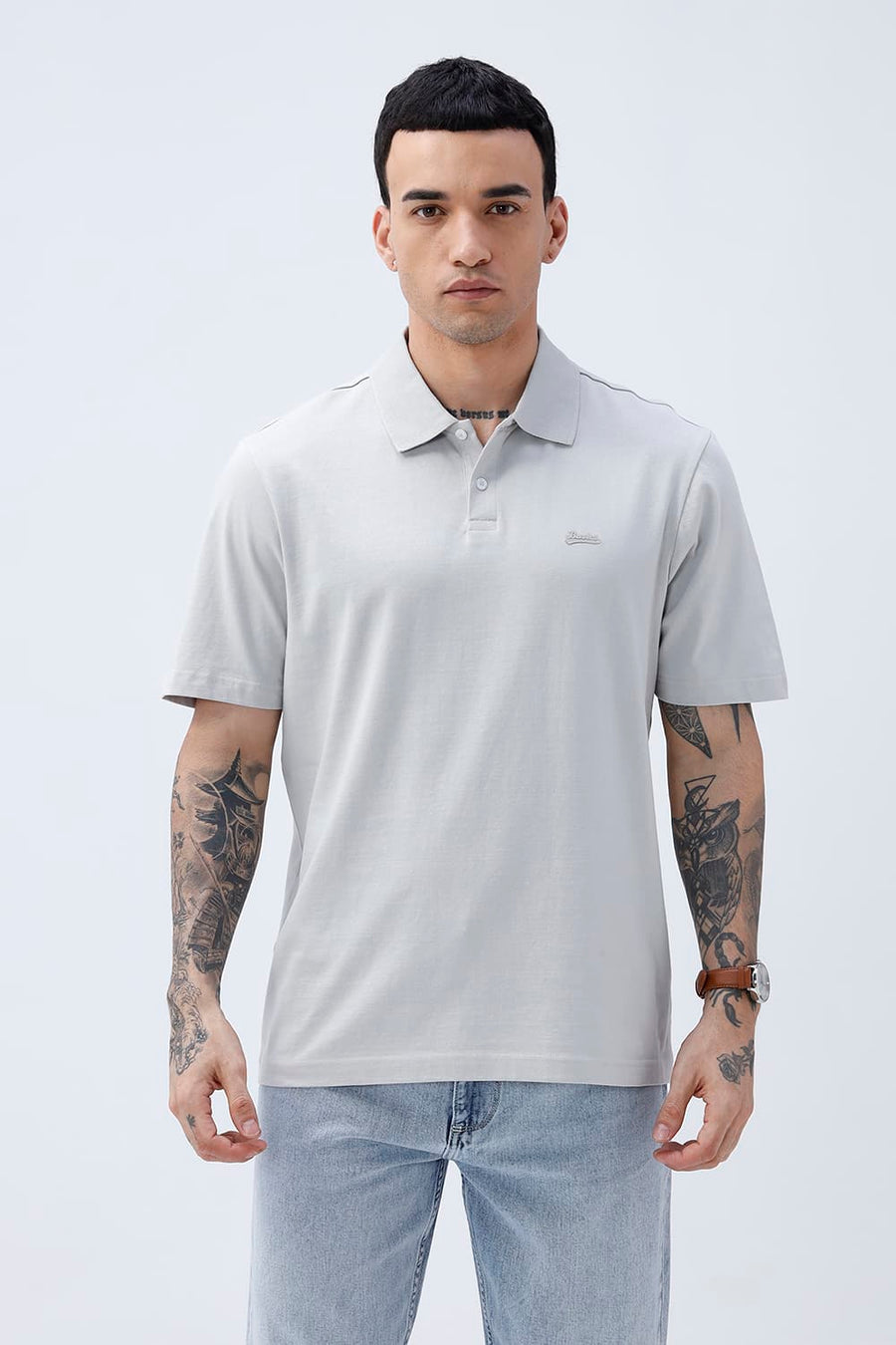 BASICS RELAXED FIT TRACING GRAY COTTON POLO T-SHIRT